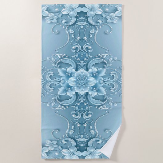 Blauwe decoratieve bloemenstrandhanddoek strandlaken (Voorkant)