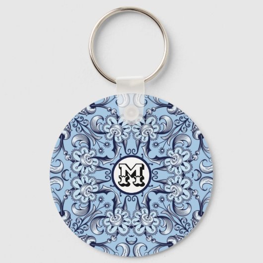 Blauwe decoratieve florale etnische Mandala illust Sleutelhanger (Voorkant)