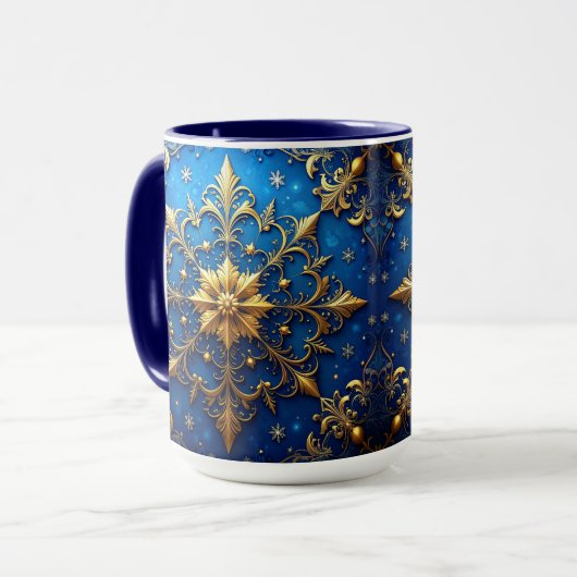 Blauwe decoratieve kerstbeker mok (Voorkant links)