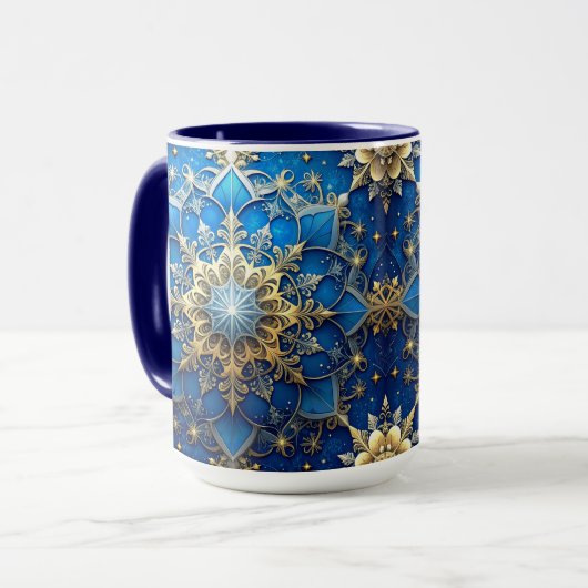 Blauwe decoratieve kerstbeker mok (Voorkant links)