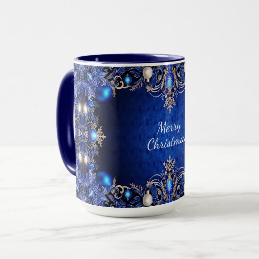 Blauwe decoratieve kerstbeker mok (Voorkant links)
