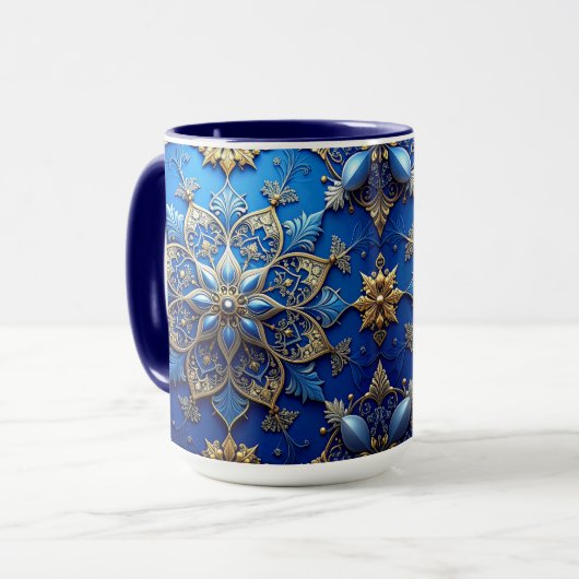 Blauwe decoratieve kerstbeker mok (Voorkant links)
