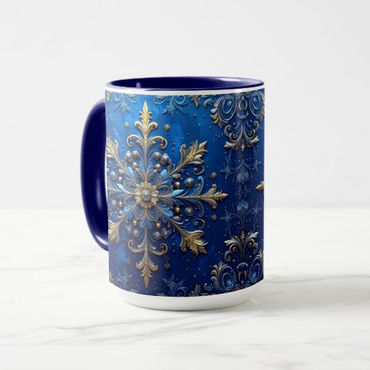 Blauwe decoratieve kerstbeker mok (Voorkant links)