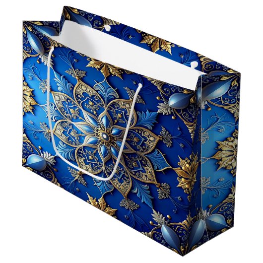 Blauwe decoratieve kerstcadeautas groot cadeauzakje (Voorkant Gekanteld)