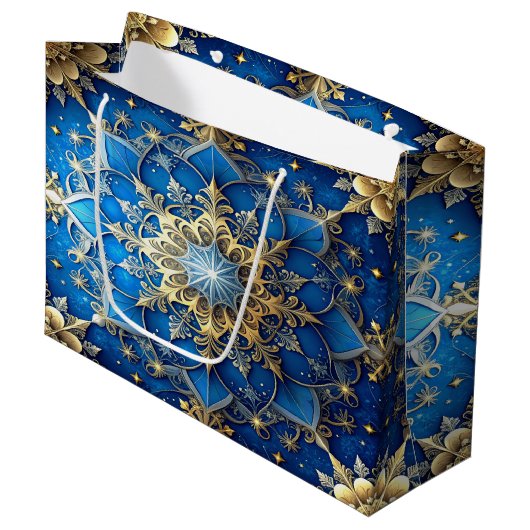 Blauwe decoratieve kerstcadeautas groot cadeauzakje (Voorkant Gekanteld)