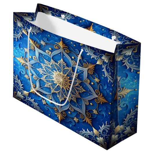 Blauwe decoratieve kerstcadeautas groot cadeauzakje (Voorkant Gekanteld)