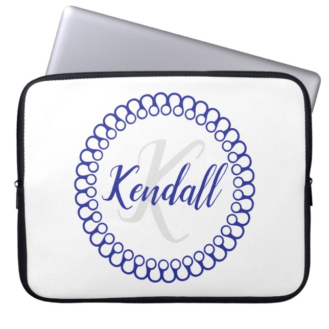 Blauwe decoratieve monogram laptophoes laptop sleeve (Voorkant)
