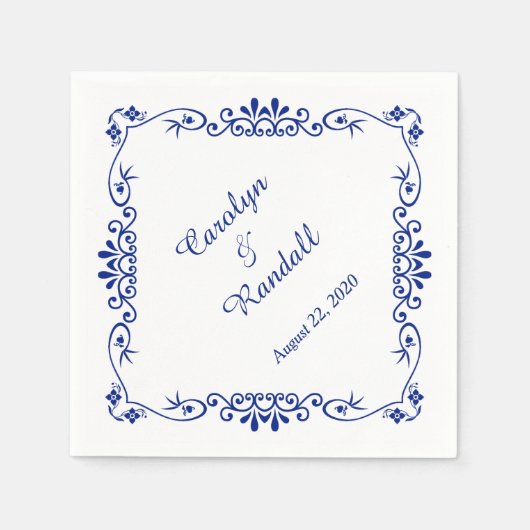 Blauwe Decoratieve Rand Gepersonaliseerde bruiloft Servetten (Voorkant)