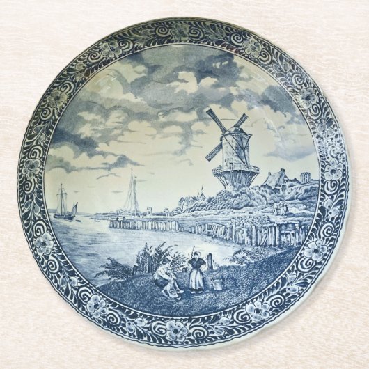 Blauwe Delftse Windmolen Nederlands Bord Ronde Kartonnen Onderzetter (Voorkant)