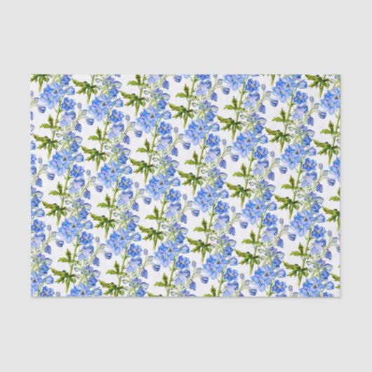 Blauwe delphinium bloemen op wit tissuepapier (Voorkant)