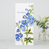 Blauwe delphinium kunst bruiloft diner menu (Staand voorkant)