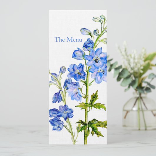Blauwe delphinium kunst bruiloft diner menu (Staand voorkant)