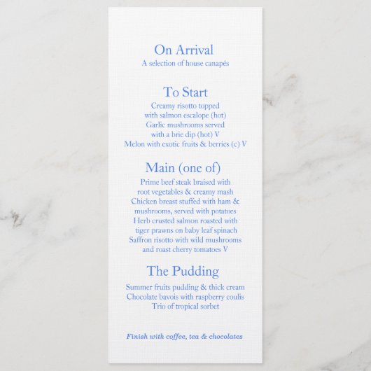 Blauwe delphinium kunst bruiloft diner menu (Achterkant)