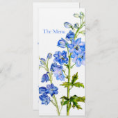 Blauwe delphinium kunst bruiloft diner menu (Voorkant / Achterkant)