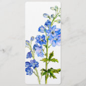 Blauwe delphinium kunst bruiloft diner menu (Voorkant)