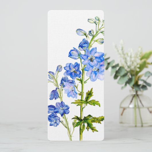 Blauwe delphinium kunst bruiloft diner menu (Staand voorkant)