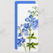 Blauwe delphinium kunst bruiloft diner menu (Voorkant / Achterkant)