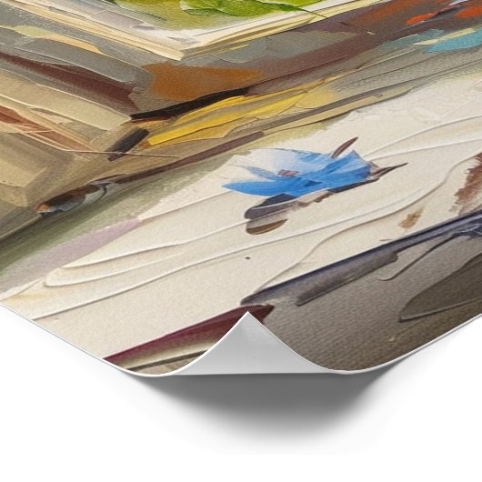 Blauwe Delphiniums in vaas bij het raam A. I. Art Poster (Hoek)