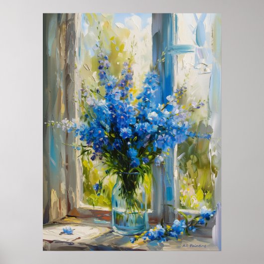 Blauwe Delphiniums in vaas bij het raam A. I. Art Poster (Voorkant)