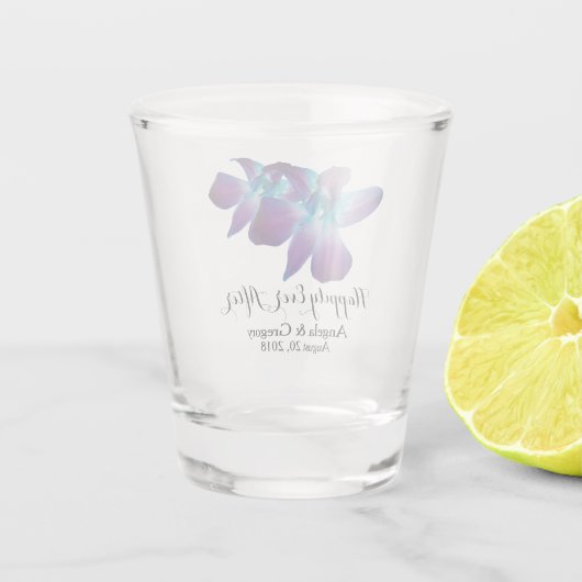 Blauwe Dendrobium Orchidee nog lang en gelukkig Shot Glas (Achterkant)