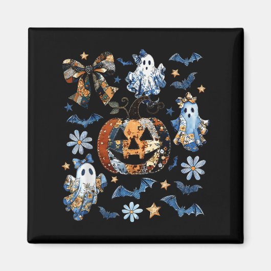 Blauwe Denim Bloemen Patchwork Pompoen Ghost Coque Magneet (Voorkant)