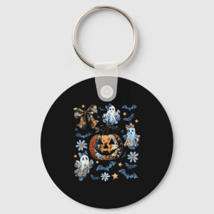 Blauwe Denim Bloemen Patchwork Pompoen Ghost Coque Sleutelhanger