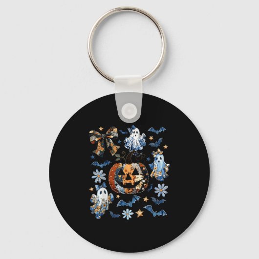 Blauwe Denim Bloemen Patchwork Pompoen Ghost Coque Sleutelhanger (Voorkant)
