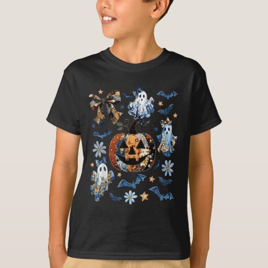 Blauwe Denim Bloemen Patchwork Pompoen Ghost Coque T-shirt (Voorkant)
