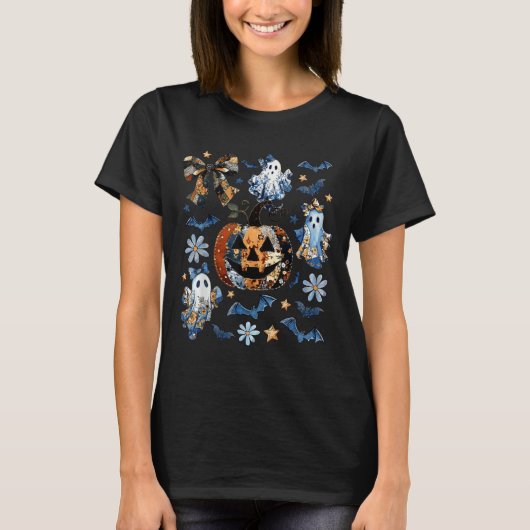 Blauwe Denim Bloemen Patchwork Pompoen Ghost Coque T-shirt (Voorkant)