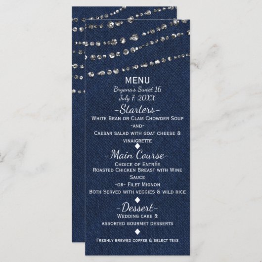 Blauwe Denim & Diamanten Sparkle Bling Party Menu (Voorkant / Achterkant)