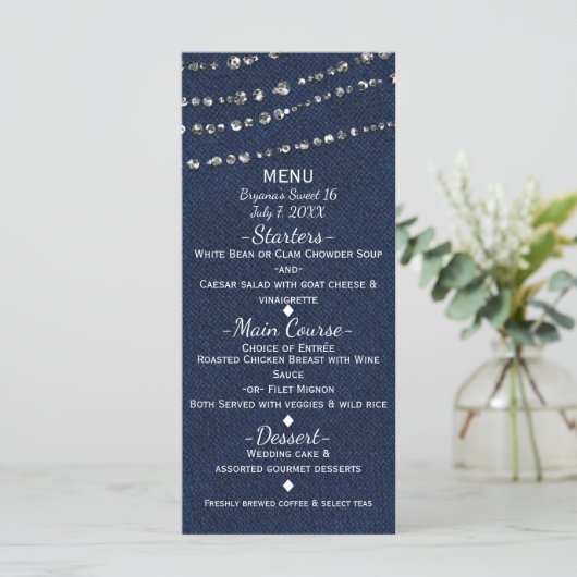 Blauwe Denim & Diamanten Sparkle Bling Party Menu (Staand voorkant)
