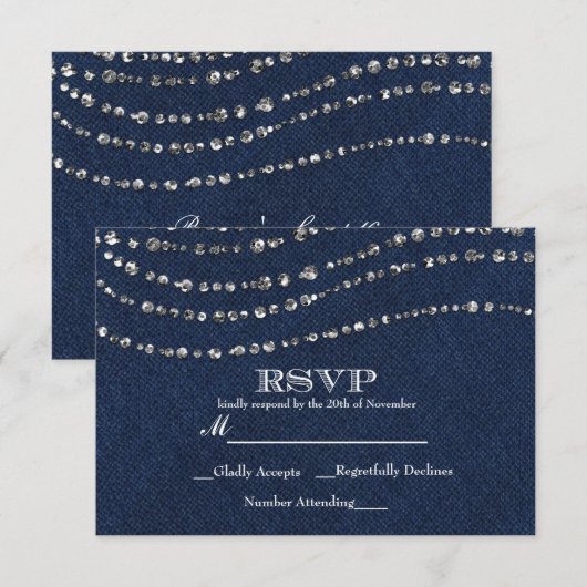 Blauwe Denim & Diamanten Sparkle Bling Party RSVP (Voorkant / Achterkant)