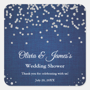 Blauwe Denim Diamonds Parels Paar Trouwdouche Vierkante Sticker