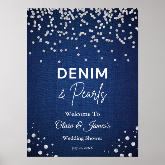 Blauwe Denim Diamonds Parels Parels Douche Welkom Poster (Voorkant)