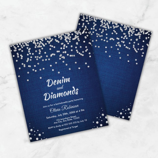 Blauwe Denim en Diamanten Bachelorette Party Uitno (Budget Blue Denim and Diamonds Bachelorette Party Invite     )