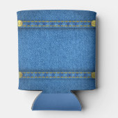 Blauwe denim jeans met label met ledernaam blikjeskoeler (Achterkant)