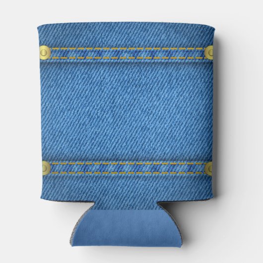 Blauwe denim jeans met label met ledernaam blikjeskoeler (Achterkant)