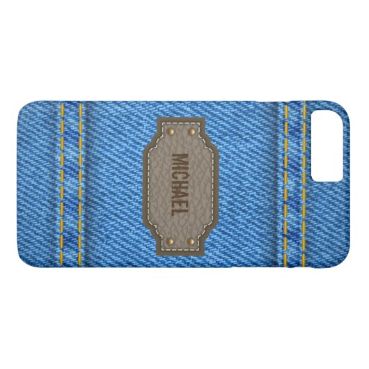Blauwe denim jeans met label met ledernaam Case-Mate iPhone case (Achterkant (Horizontaal))