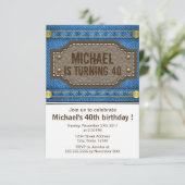 Blauwe denim jeans met lederlabel verjaardagsfeest kaart (Staand voorkant)