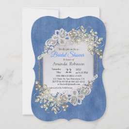 Blauwe denim, kant - ivoren parels kaart