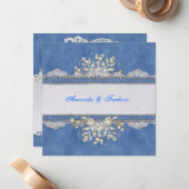 Blauwe denim, kant - ivoren parels notitiekaartje (Voorkant / Achterkant in situ)