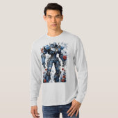 Blauwe Denim Mech Robot met Rode Rozen T-shirt (Voorkant volledig)
