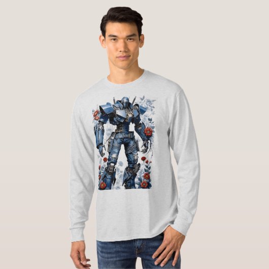 Blauwe Denim Mech Robot met Rode Rozen T-shirt (Voorkant volledig)