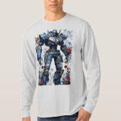 Blauwe Denim Mech Robot met Rode Rozen T-shirt (Voorkant)