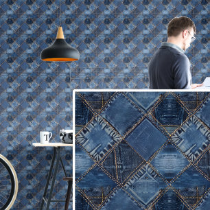 Blauwe denim patches zien er illusie uit behang
