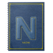 Blauwe denim textuur gele steek monogram N Notitieboek (Voorkant)