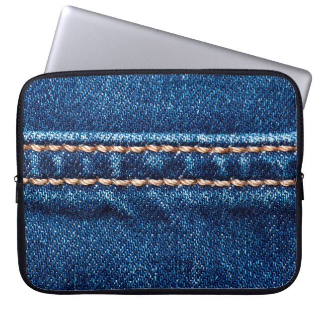 Blauwe denim textuur met naaisteek, jans laptop sleeve (Voorkant)
