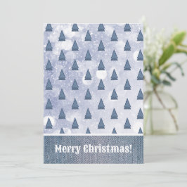 Blauwe Denim Tree Winter Scene Patchwork Feestdagenkaart