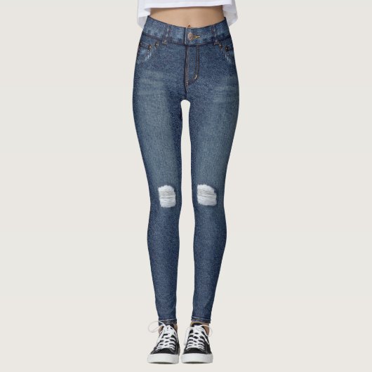 Blauwe denim verontruste knie skinny jeans leggings (Voorkant)
