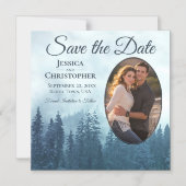 Blauwe dennen rustieke ovale foto bruiloft Save th Magnetische Uitnodiging (Voorkant)
